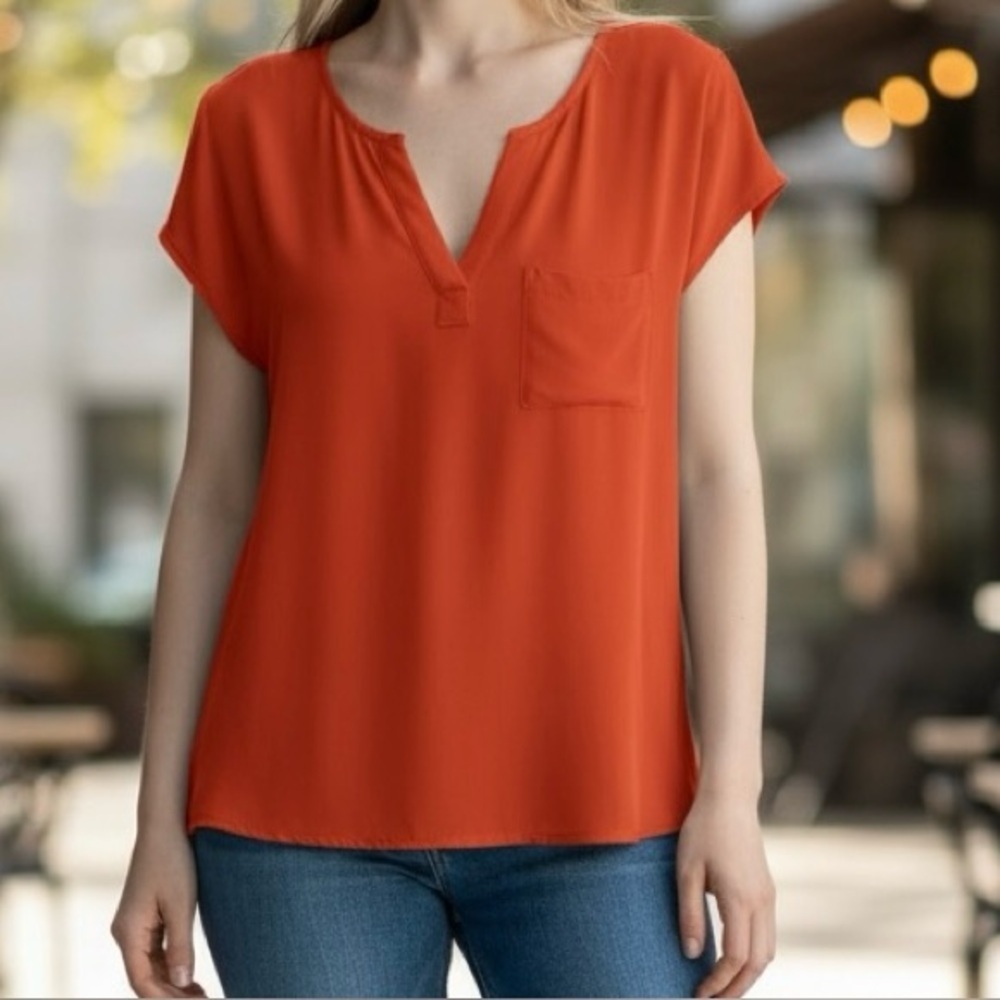 Banana Republic Coral Orange Split Neck Blouse Petite Small Dopamine